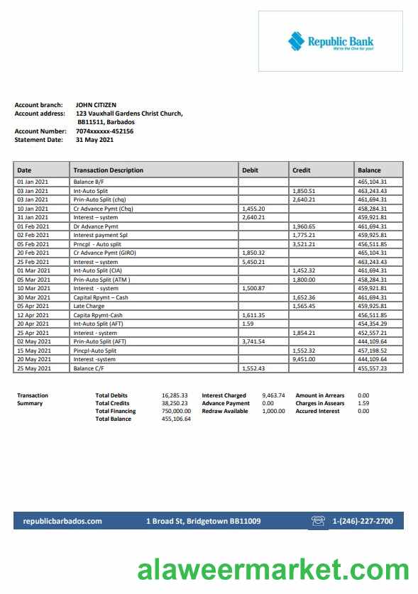 Barbados Republic Bank statement template in Word and PDF format